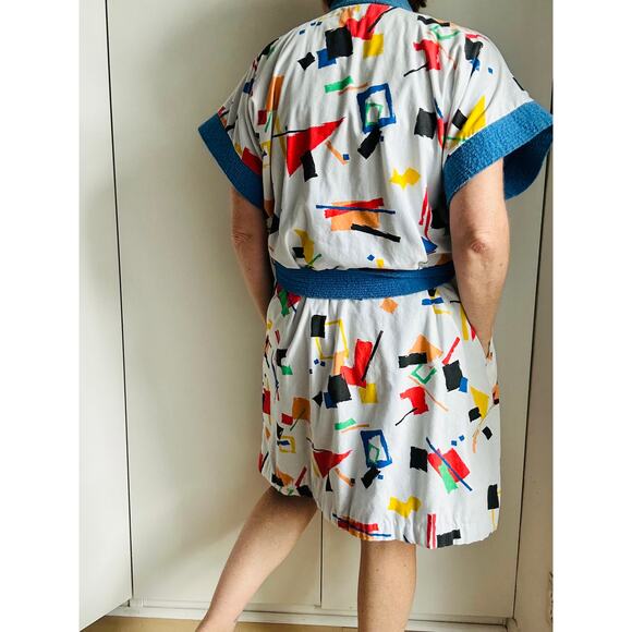 Vintage 80s Unisex Robe Terry Cloth Geo Print Size Medium Womens Quirky Fun - Picture 8 of 9